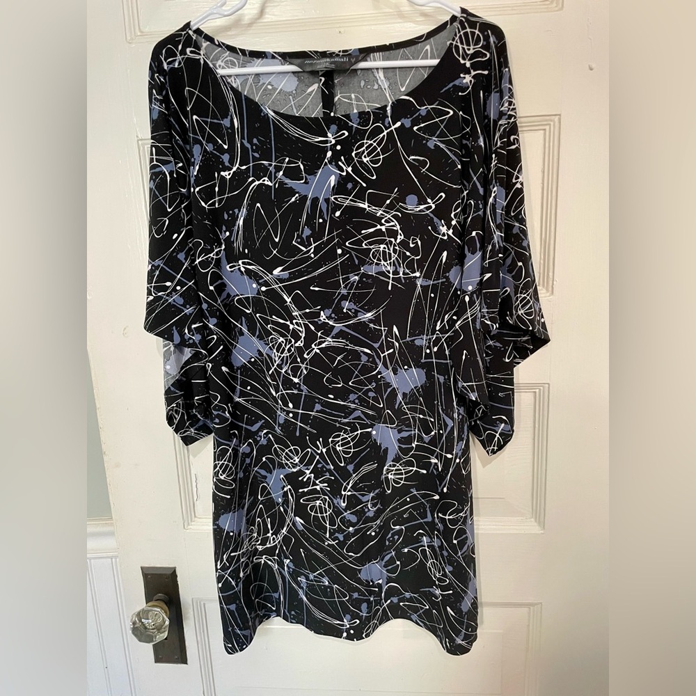 Norma Kamali Black Tunic with White and Slate Blue Abstract Print